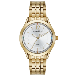 Kit Relógio Mondaine Feminino Dourado Com Brincos Cristais Coloridos